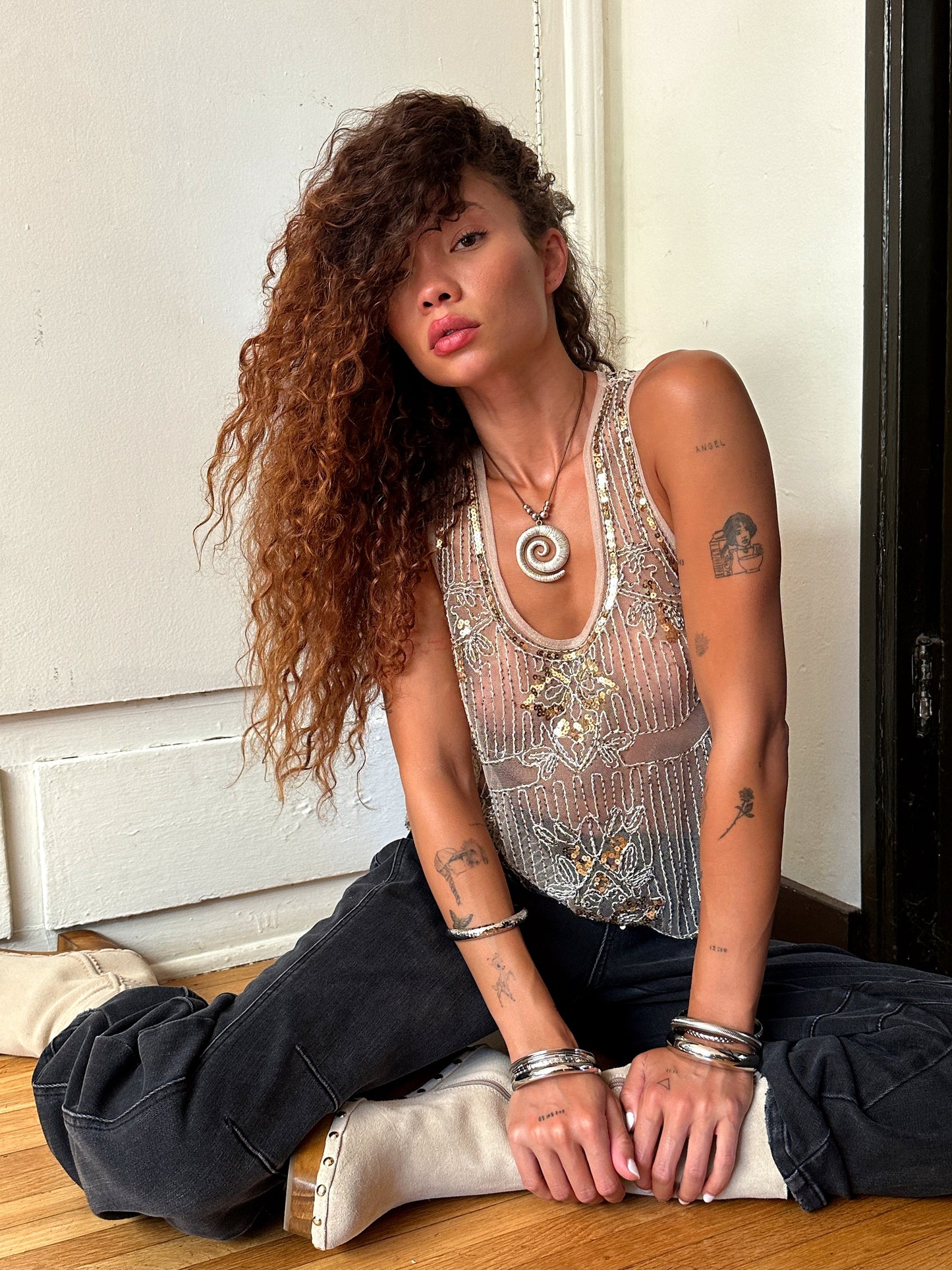 Edith Champagne Embellished Tank