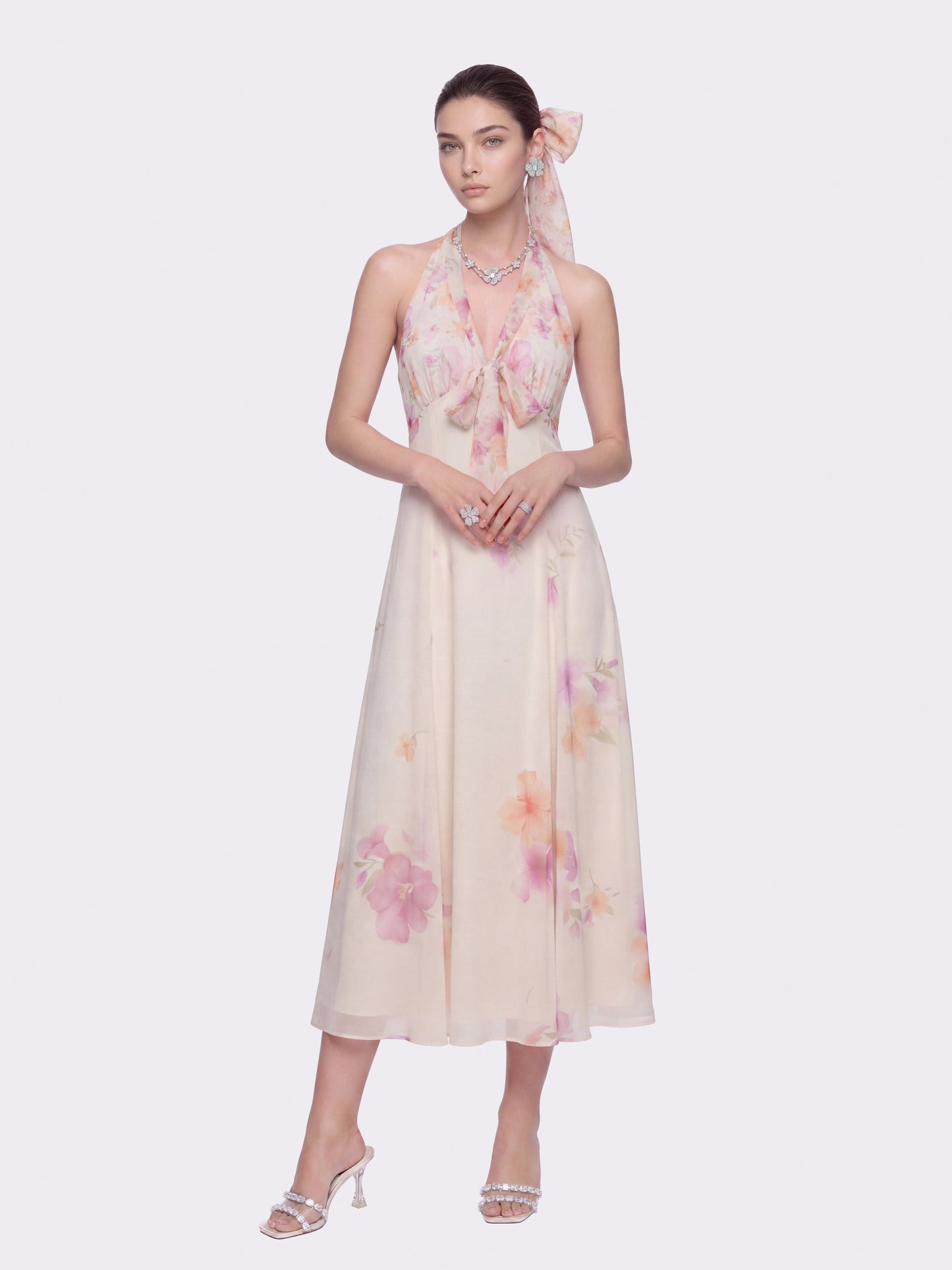 Lana Halter Floral Beige Dress
