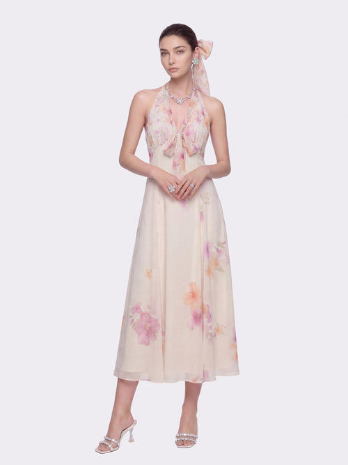 Lana Halter Floral Beige Dress