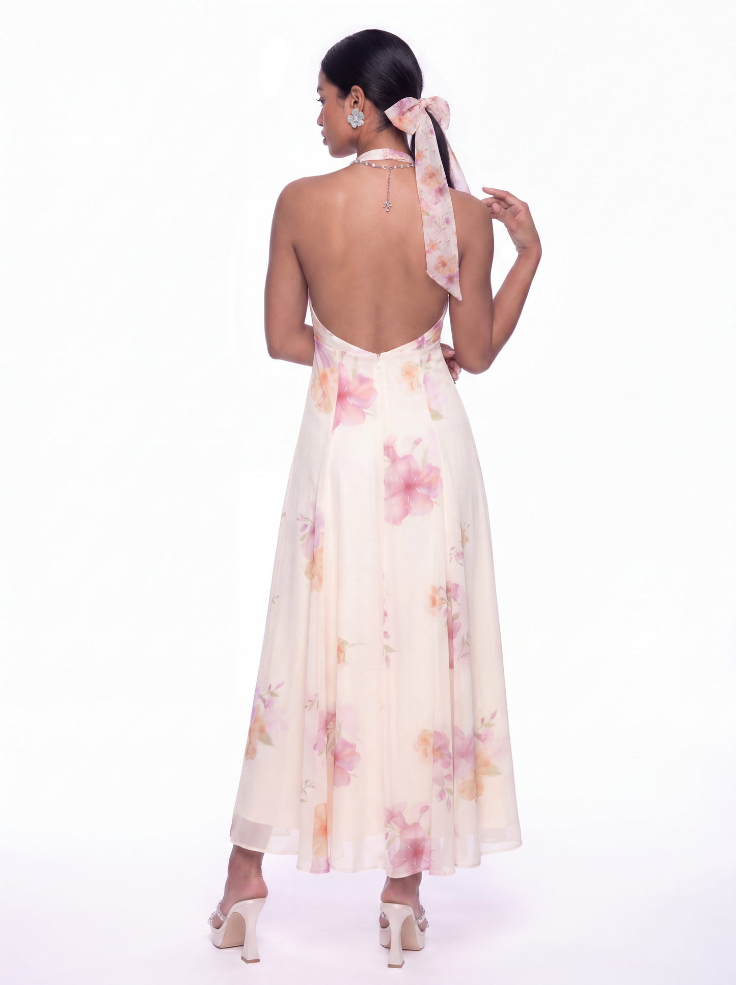 Lana Halter Floral Beige Dress