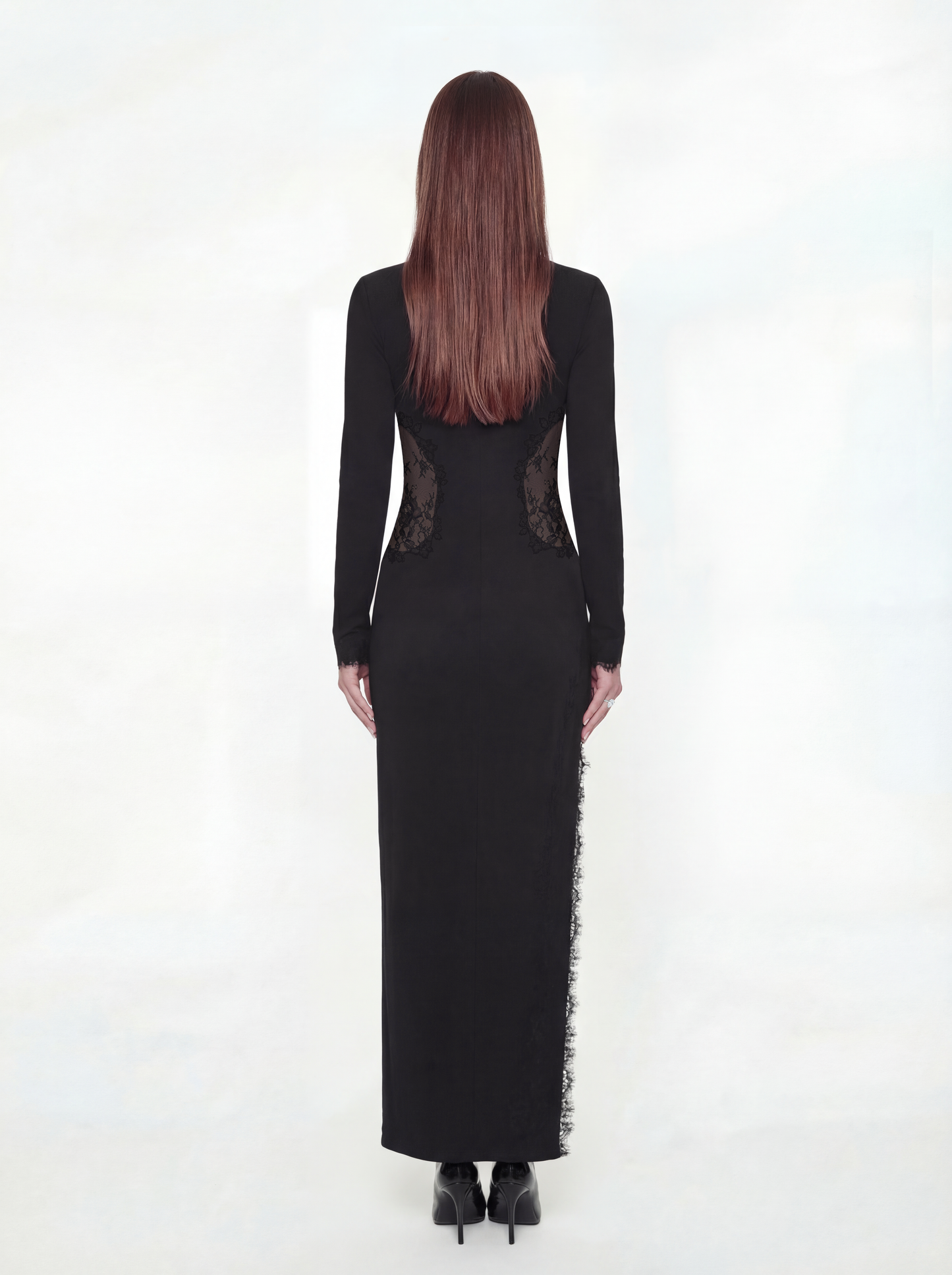 Adriana Lace High-Slit Black Acetate Dress