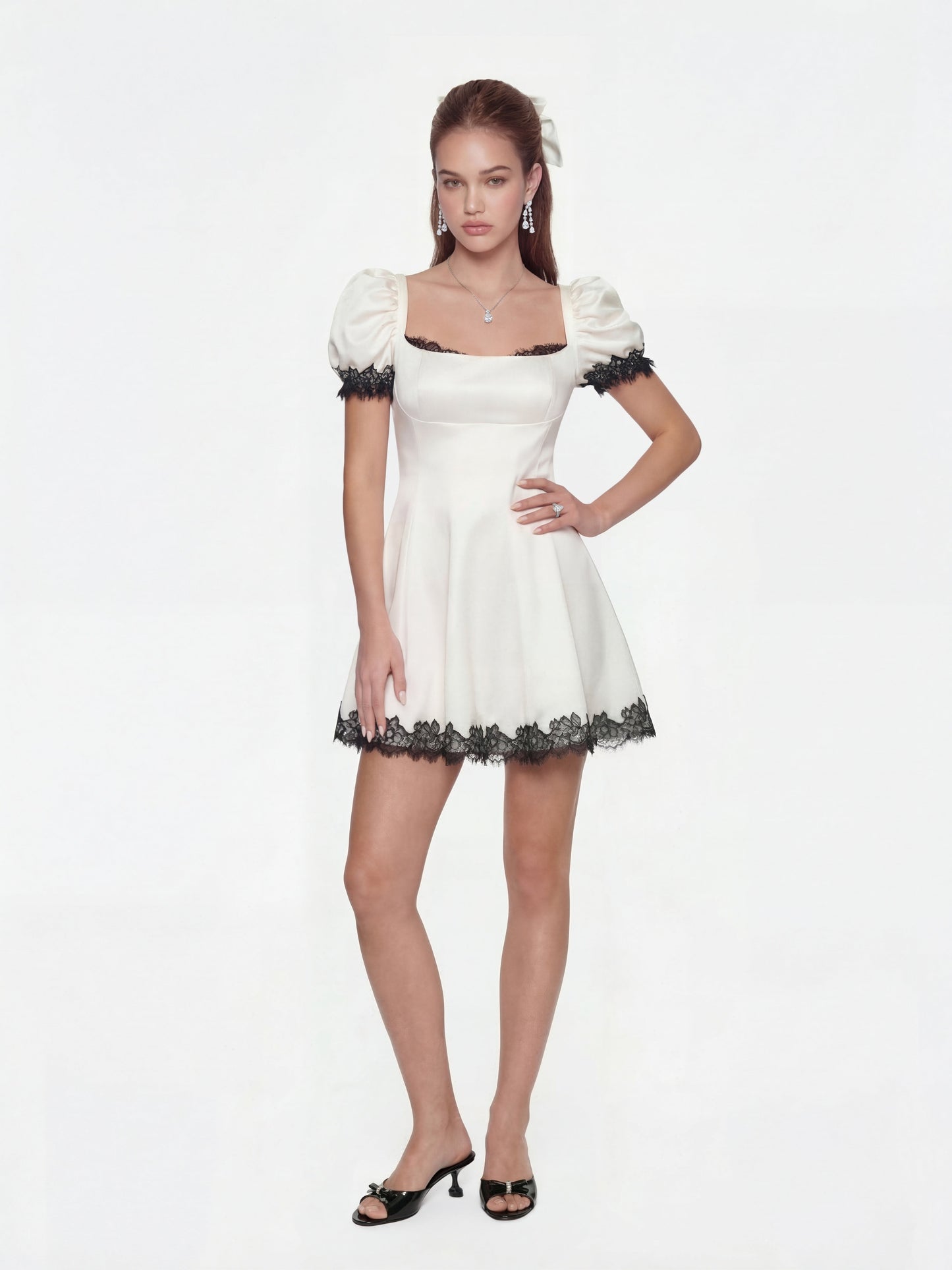 Natalia White Lace Puff Sleeve Mini Dress