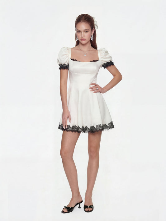 Natalia White Lace Puff Sleeve Mini Dress