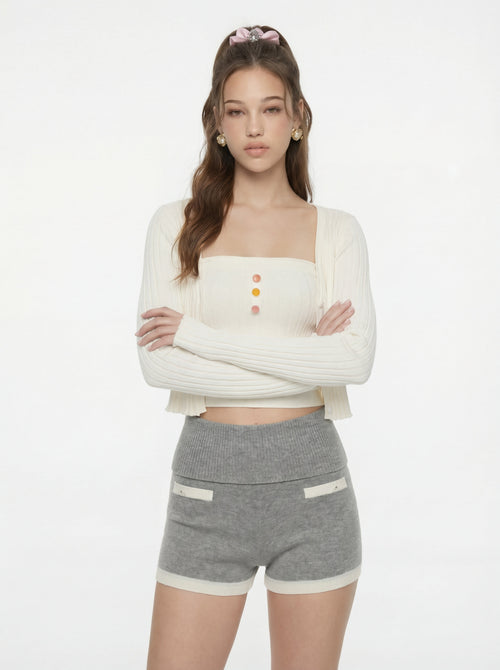Jane Cropped Ribbed White Knit Cardigan