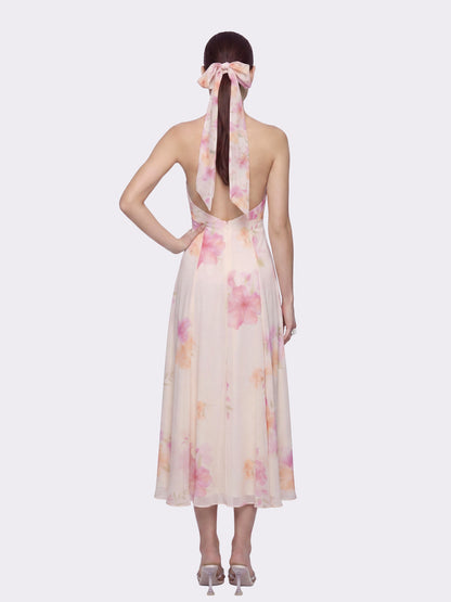 Lana Halter Floral Beige Dress