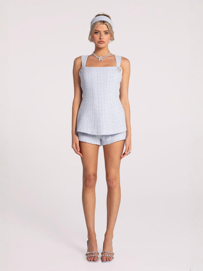 Annabella Textured Woven Blue Bow Top (Final Sale)