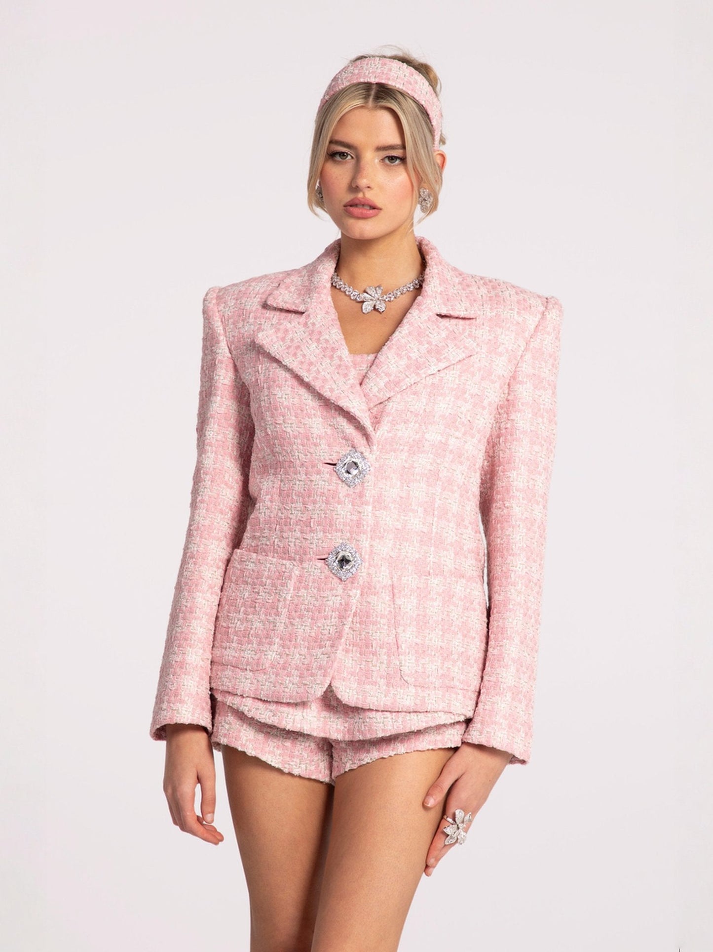 Maya Textured Lapel Pink Checkered Suit Jacket (Final Sale)