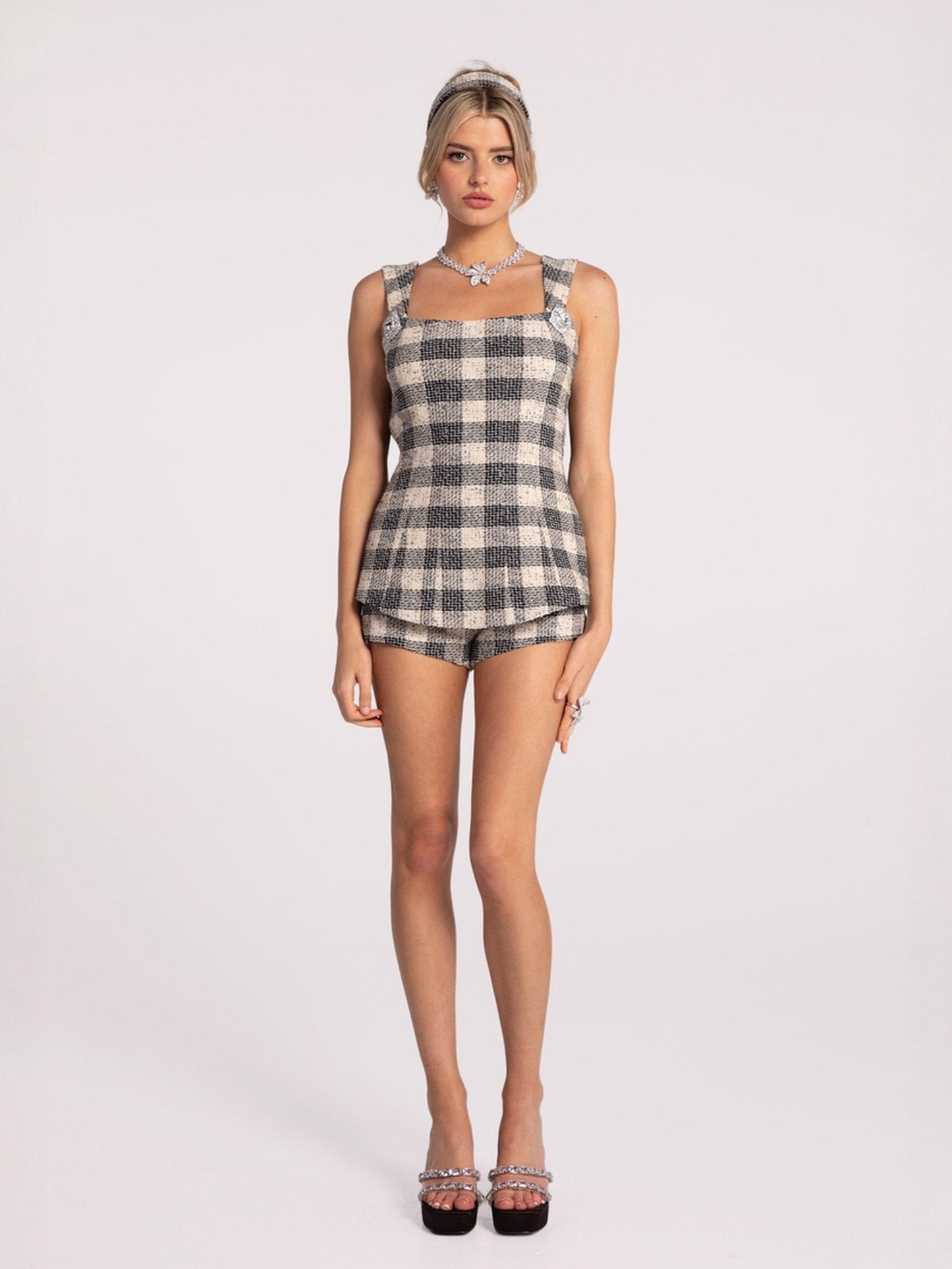 Annabella Textured Woven Black Checkered Bow Top (Final Sale)