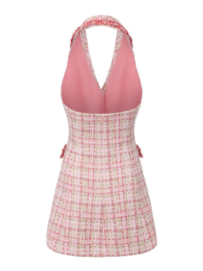 Bianca Metallic-Woven Halter Pink Mini Dress