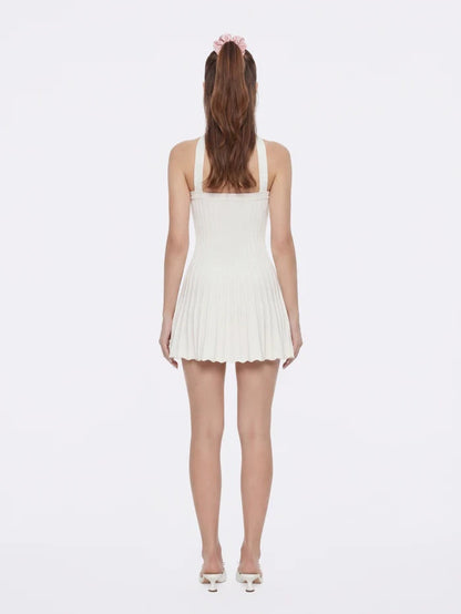 Ava Reverse Halter White Knit Flared Dress
