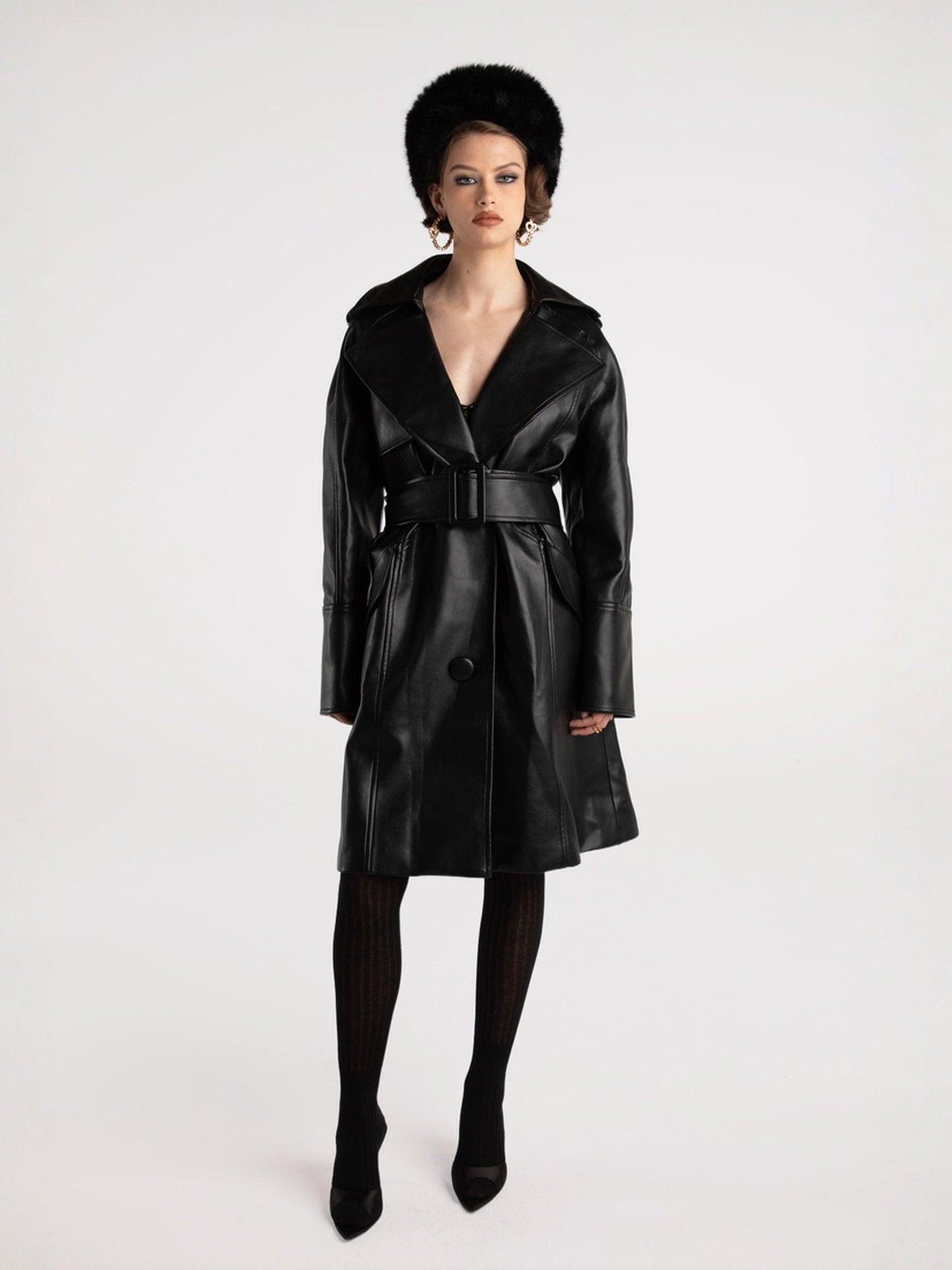 Keira Leather Trench Coat (Black) (Final Sale)