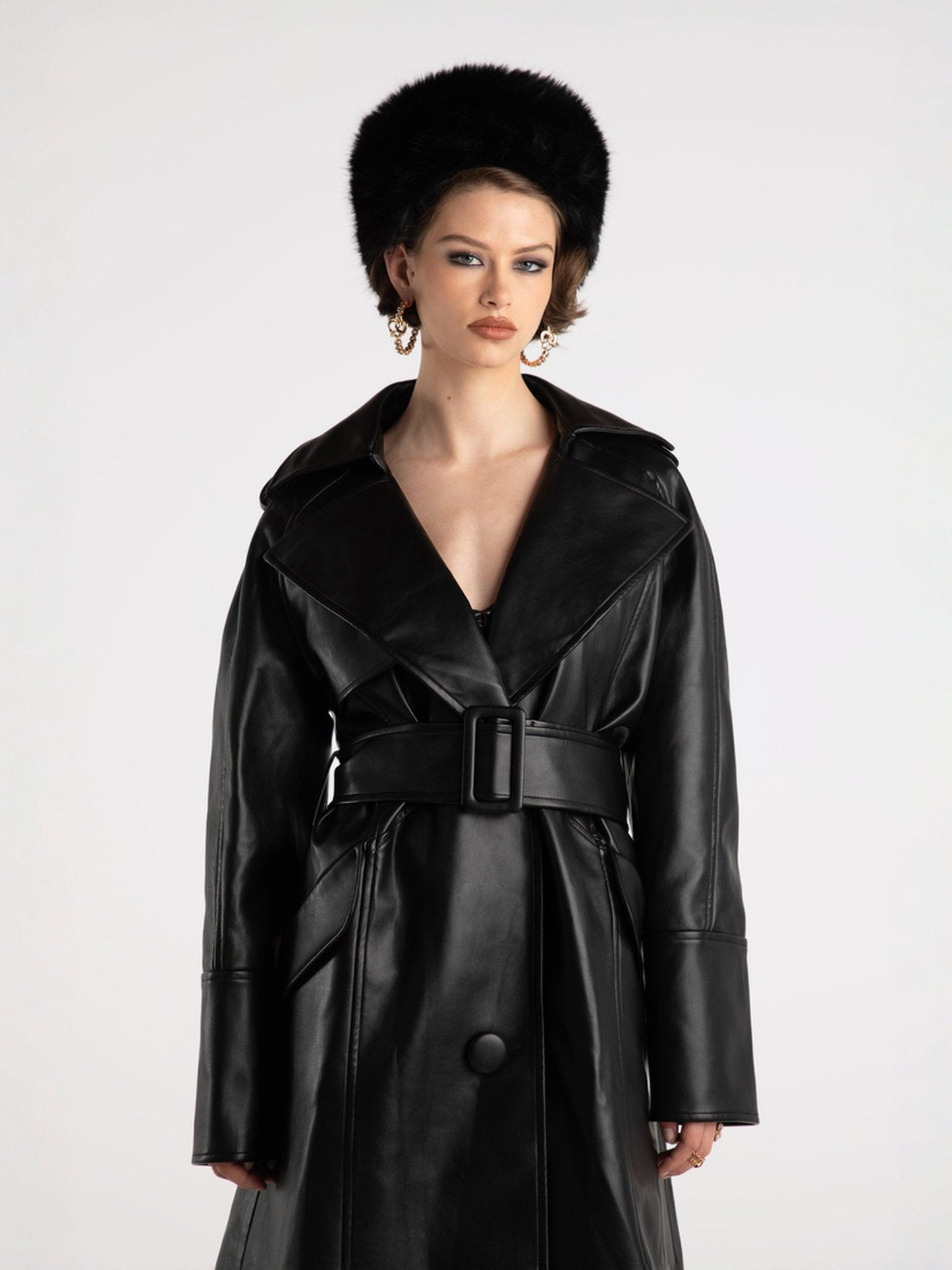 Keira Leather Trench Coat (Black) (Final Sale)