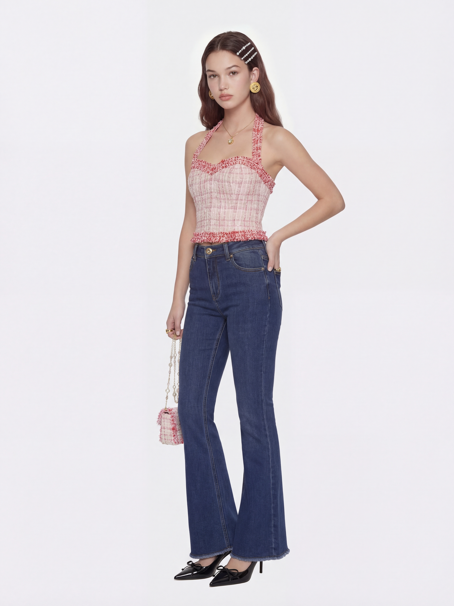 Bianca Metallic-Woven Halter Pink Top