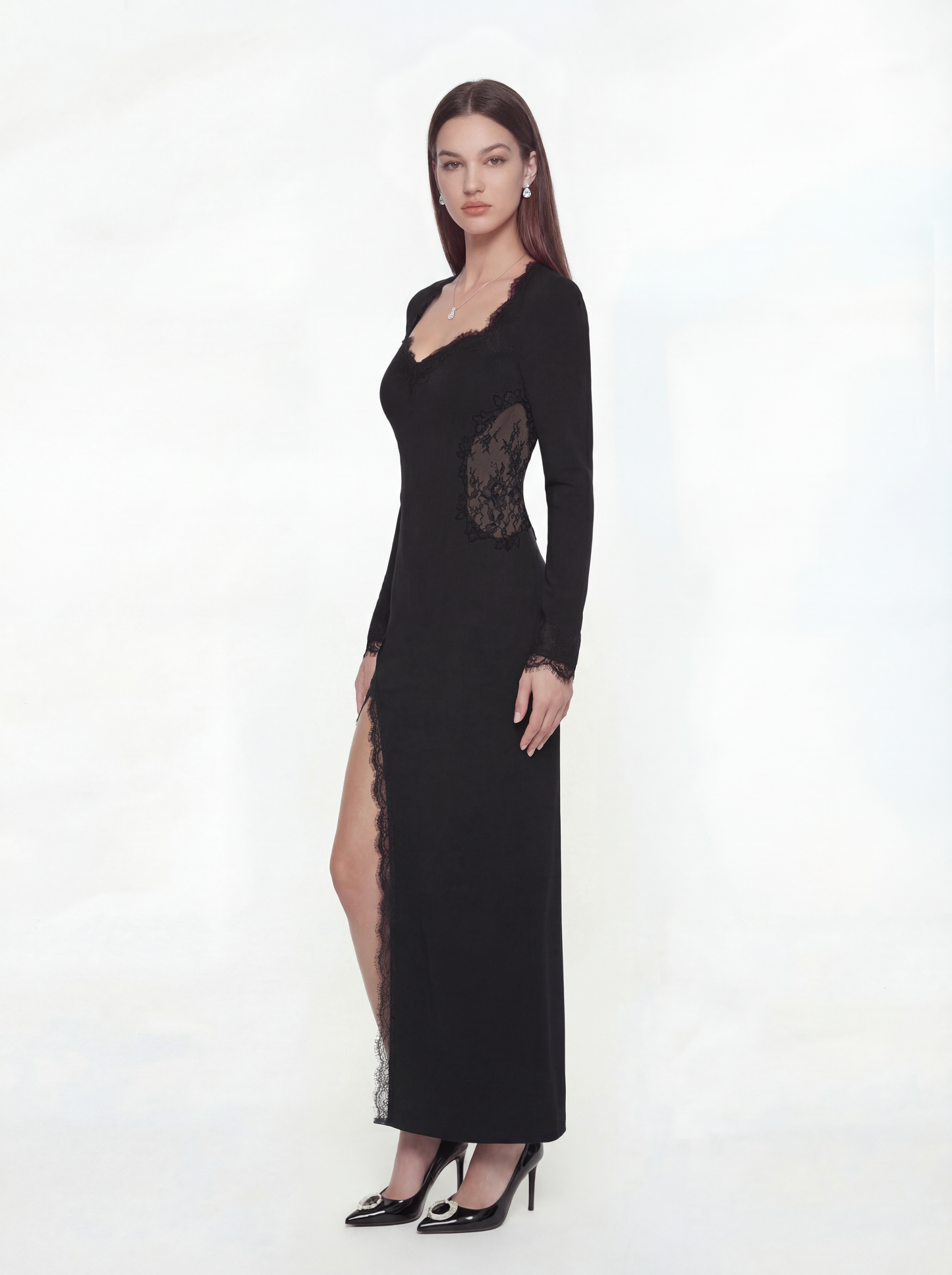 Adriana Lace High-Slit Black Acetate Dress