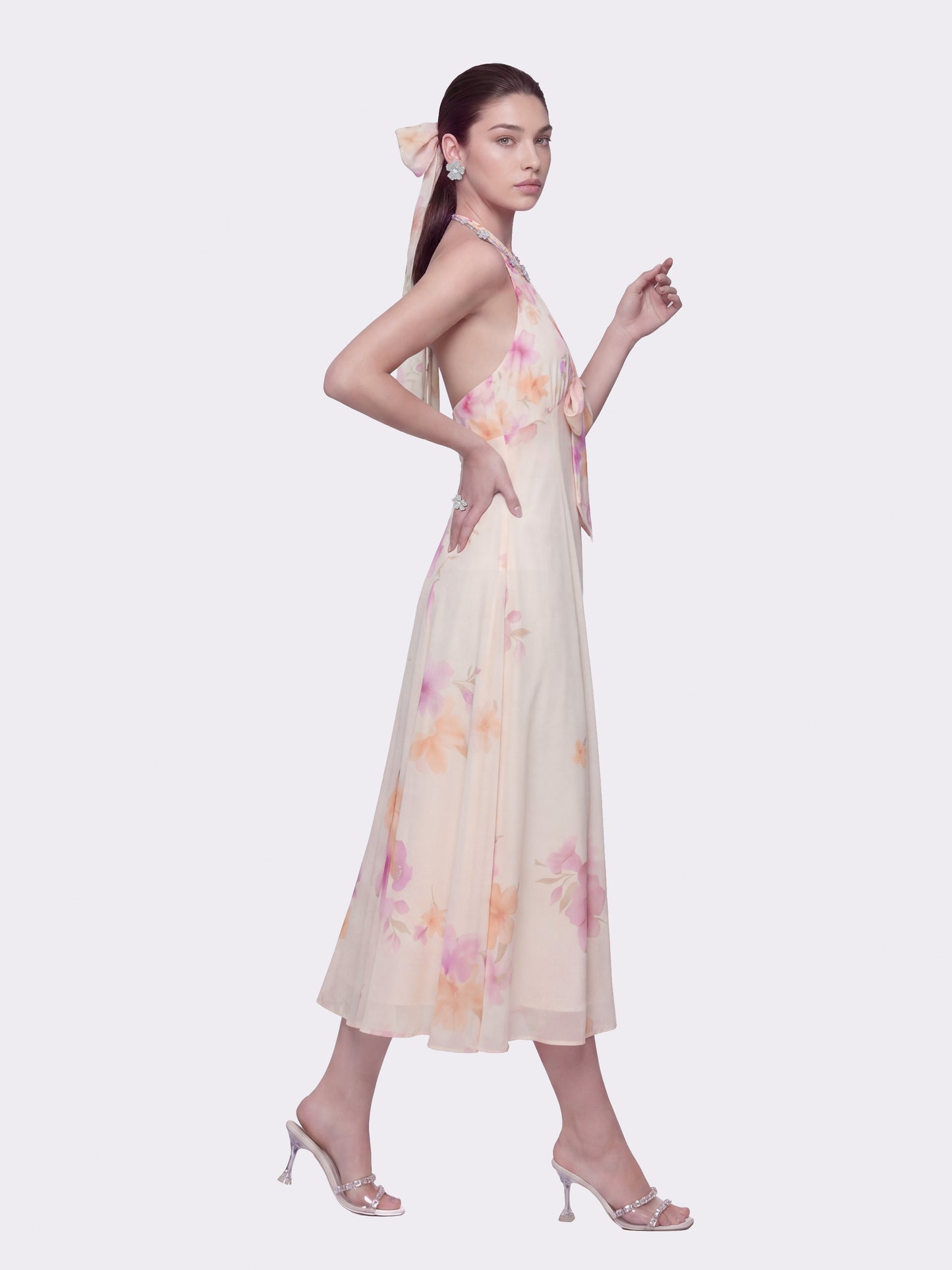 Lana Halter Floral Beige Dress