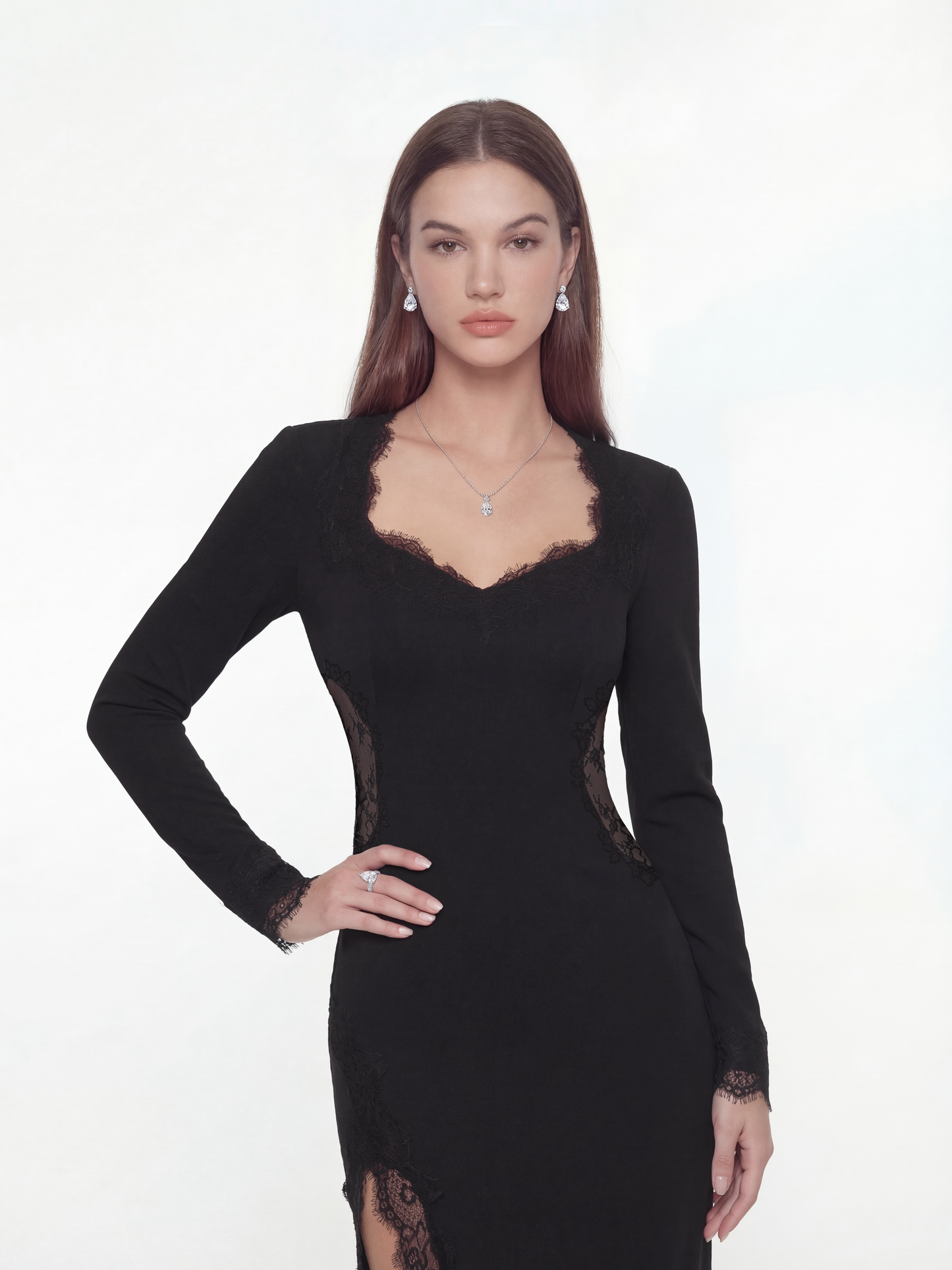 Adriana Lace High-Slit Black Acetate Dress