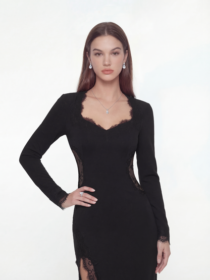 Adriana Lace High-Slit Black Acetate Dress
