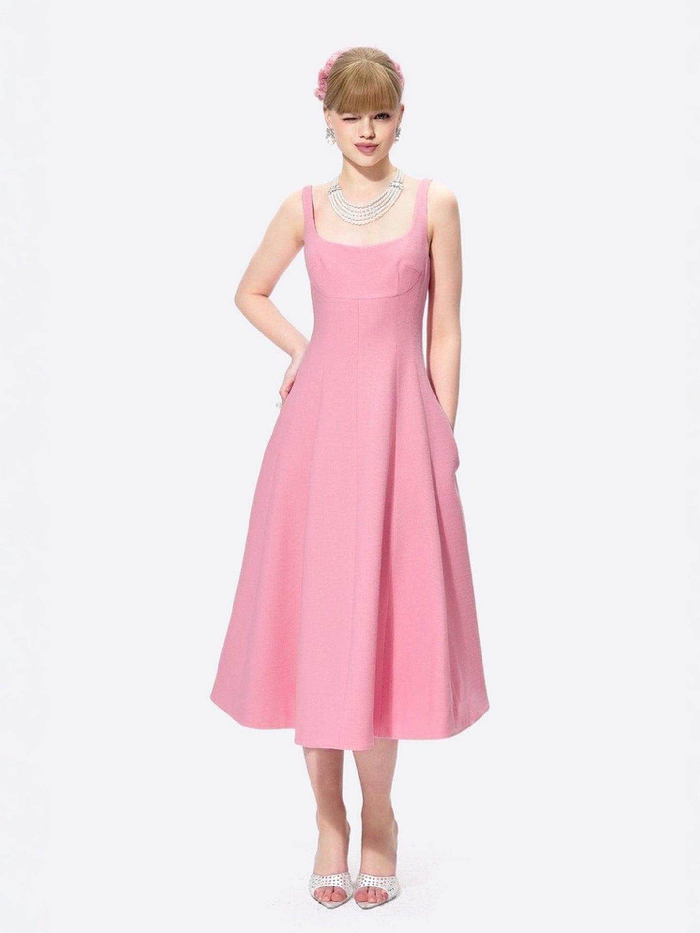 Josephine Square-Neck Pink Midi Dress