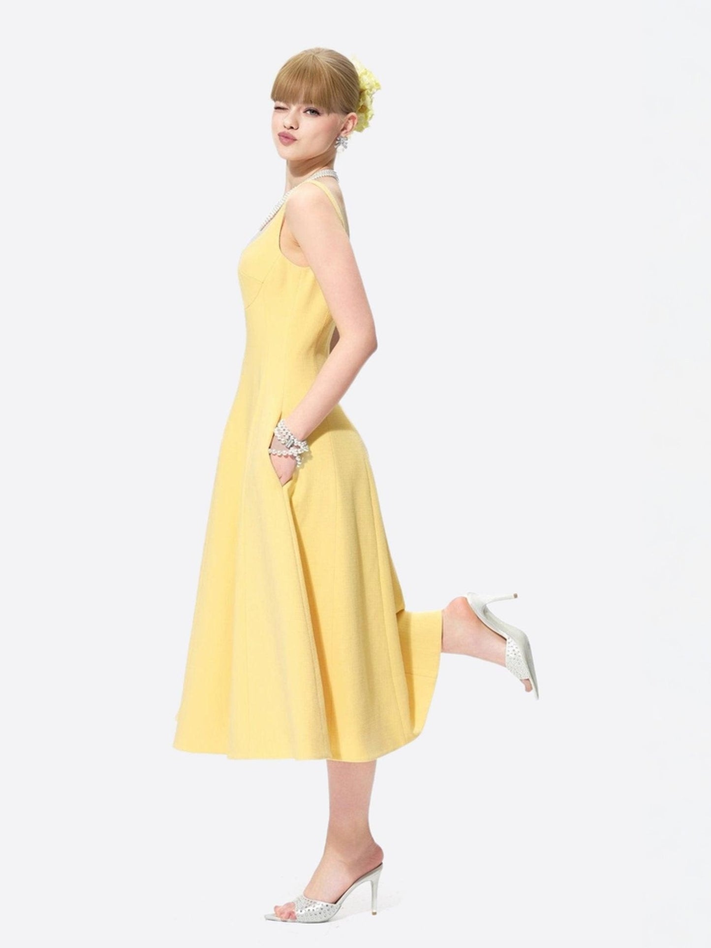 Josephine Square-Neck Yellow Midi Dress