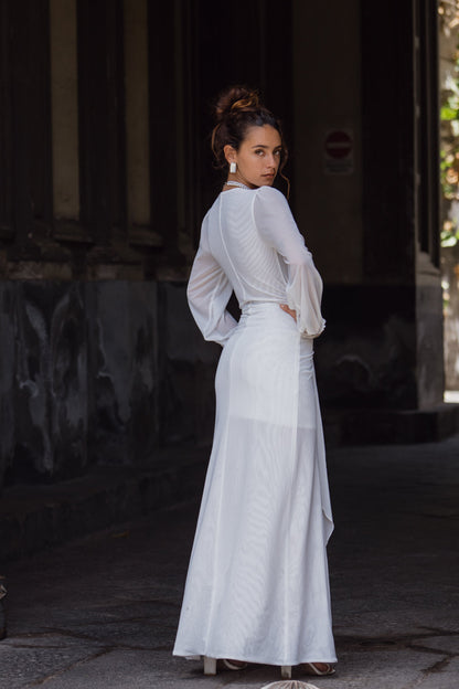 Bella White Mesh Plunge Maxi Dress