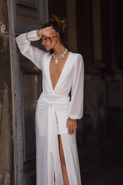 Bella White Mesh Plunge Maxi Dress