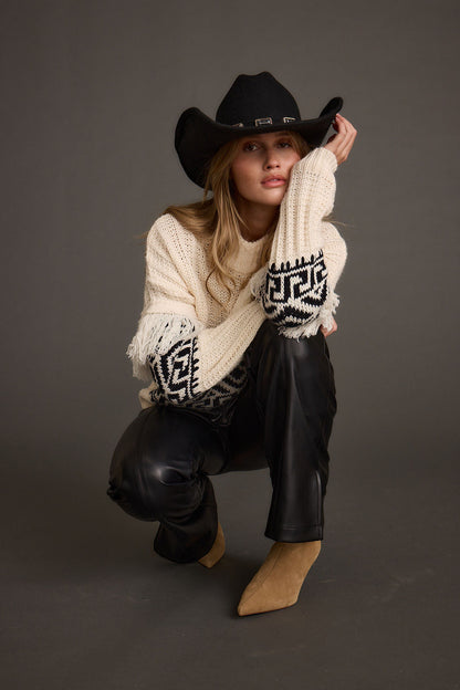 Bozeman Cream Printed Fringe Sweater