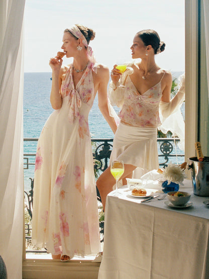 Lana Halter Floral Beige Dress