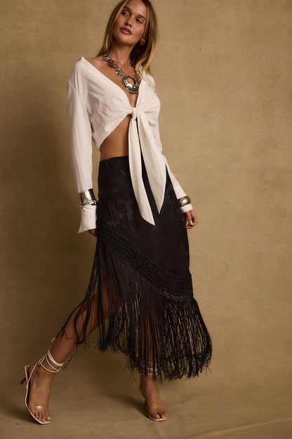 Frankie Black Satin Jacquard Fringe Midi Skirt