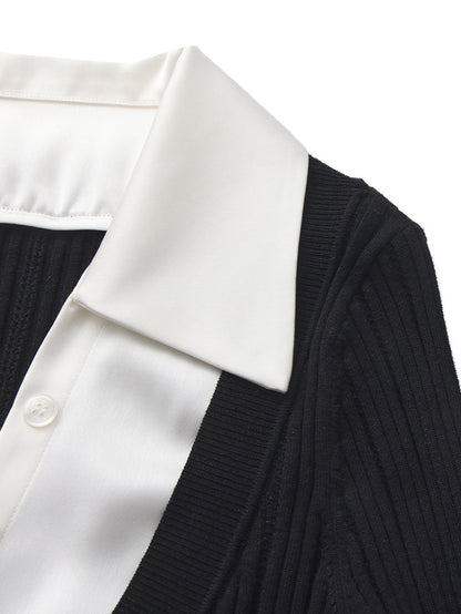 Claudette Contrast Collar Rib Knit Black Top