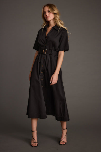 Leena Black Button Front Belted Midi Dress
