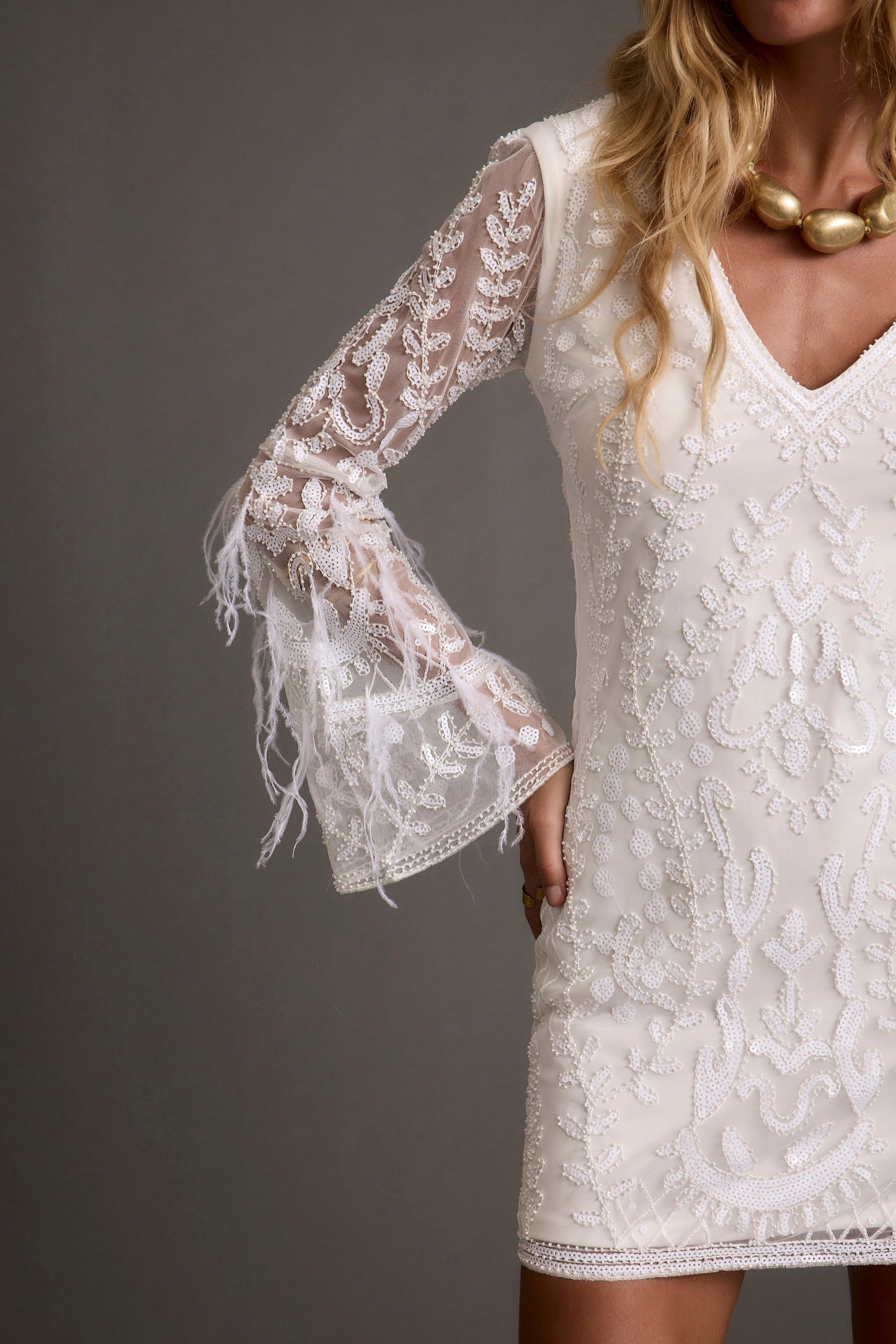 Larisa White Printed Sequin Long Sleeve Dress