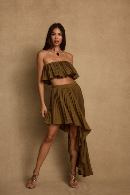 Lima Olive Asymmetrical Midi Skirt