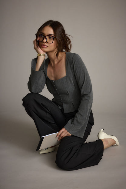 McGrath Grey Pinstripe Long Sleeve Top