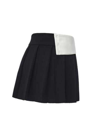 Claudette Contrast Waist Pleated Black Mini Skirt