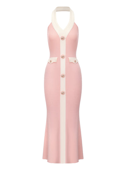 Giana Contrast Halter Knit Pink Maxi Dress