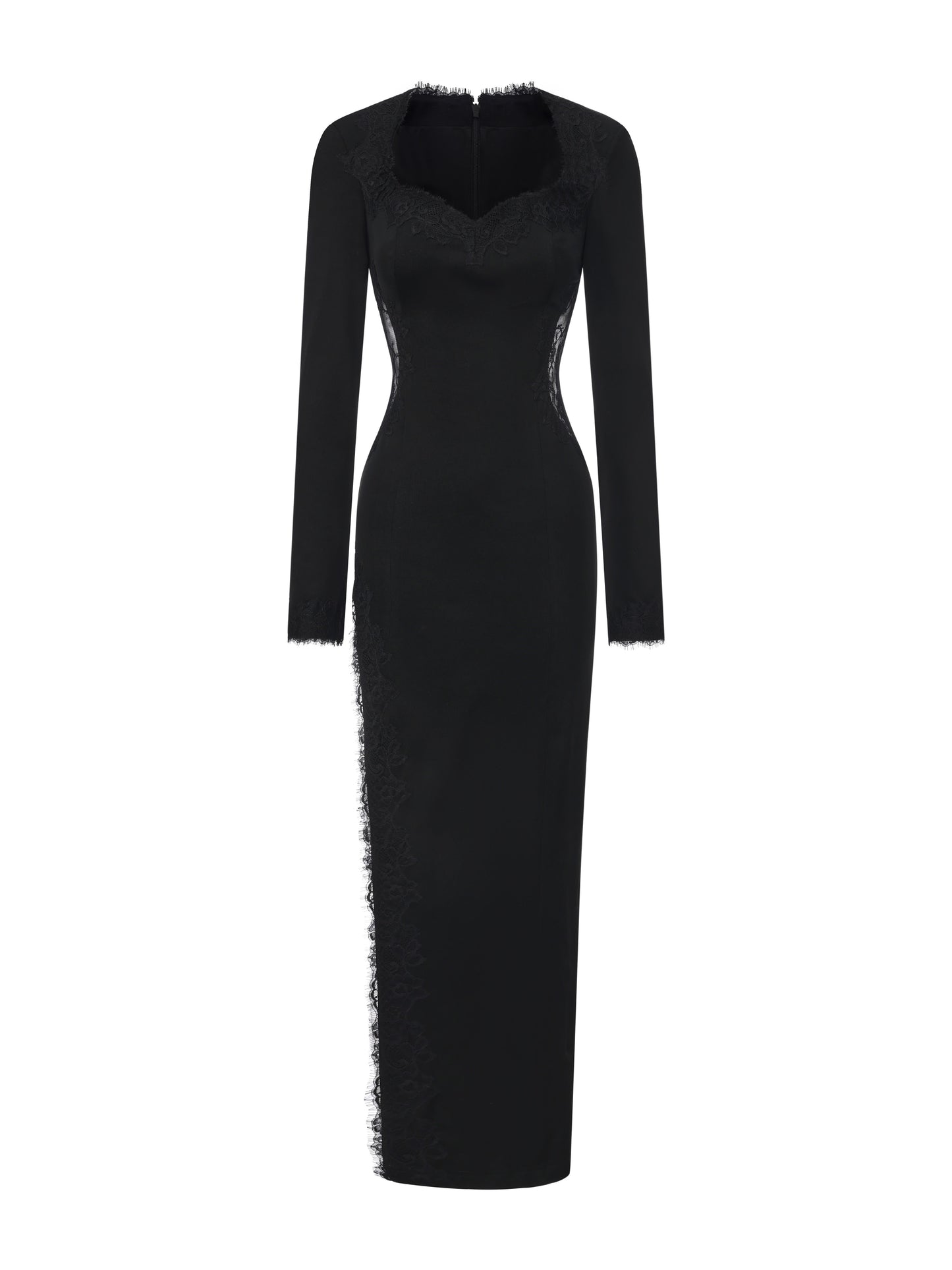 Adriana Lace High-Slit Black Acetate Dress
