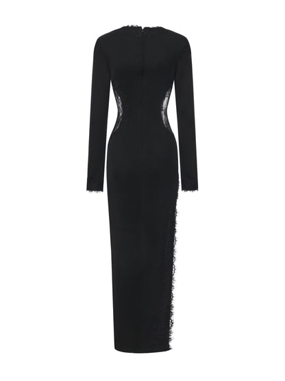 Adriana Lace High-Slit Black Acetate Dress