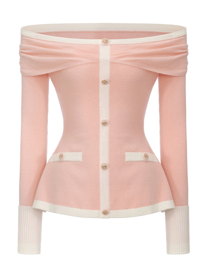 Colette Off-Shoulder Contrast Knit Pink Top
