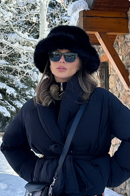 Bucket Down Black Faux Fur Hat