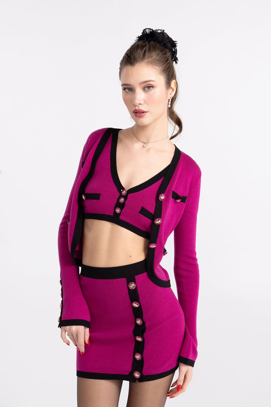 Lisette Contrast-Trim Magenta Knit Three-Piece Set
