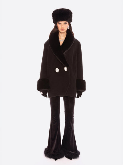 Althea Faux Fur Collar Cocoon Coat (Black)