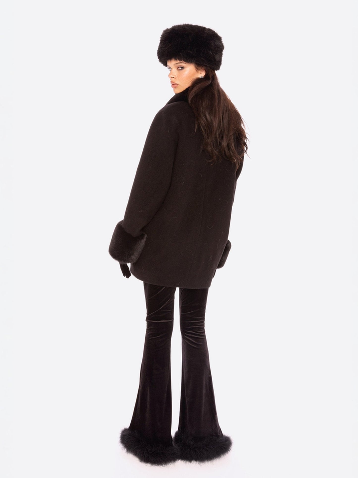 Althea Faux Fur Collar Cocoon Coat (Black)