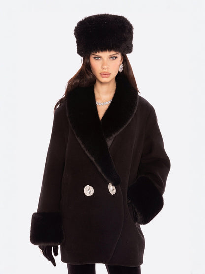 Althea Faux Fur Collar Cocoon Coat (Black)