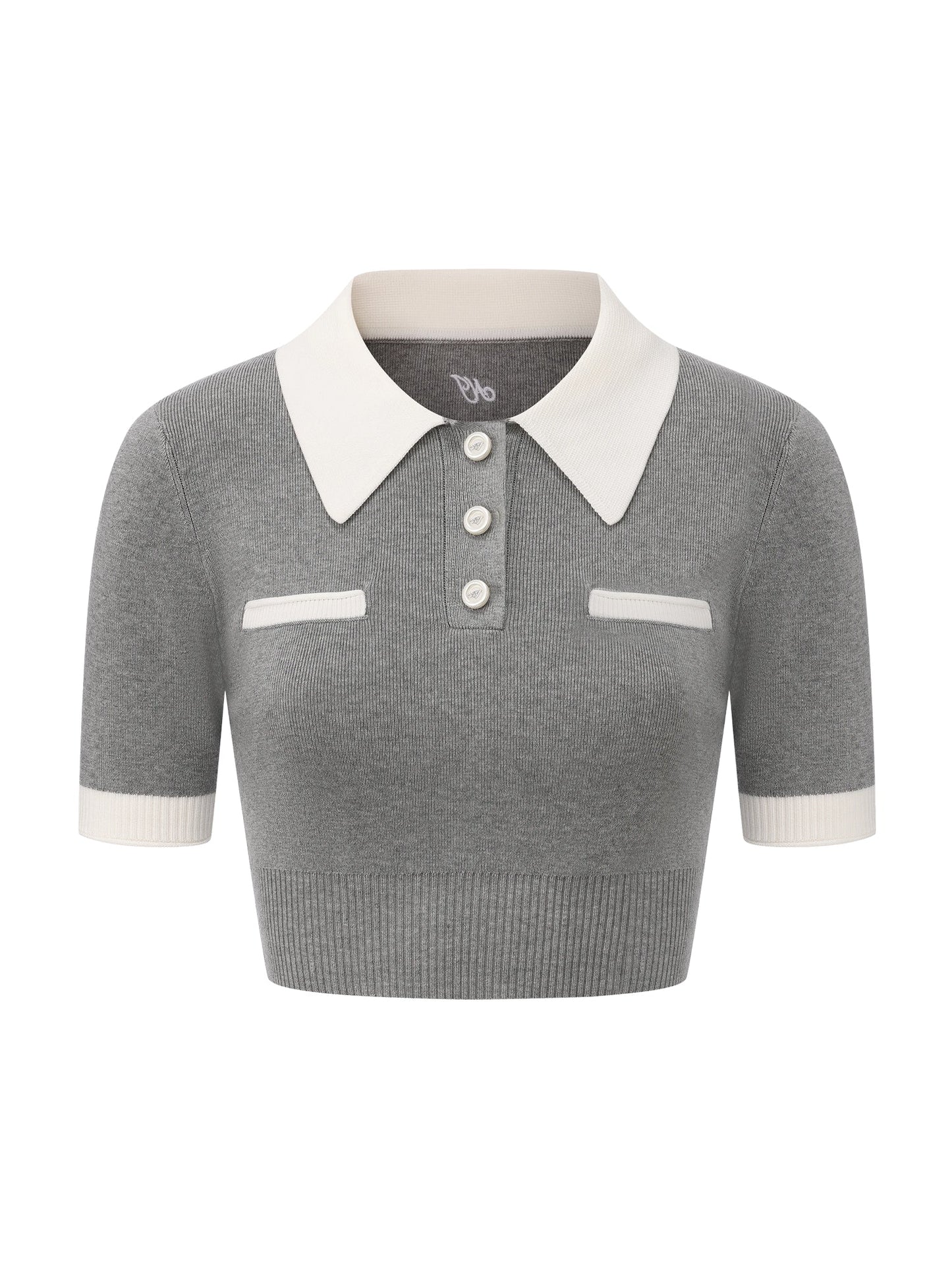 Mia Contrast-Collar Grey Short Sleeve Knit Top
