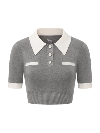Mia Contrast-Collar Grey Short Sleeve Knit Top
