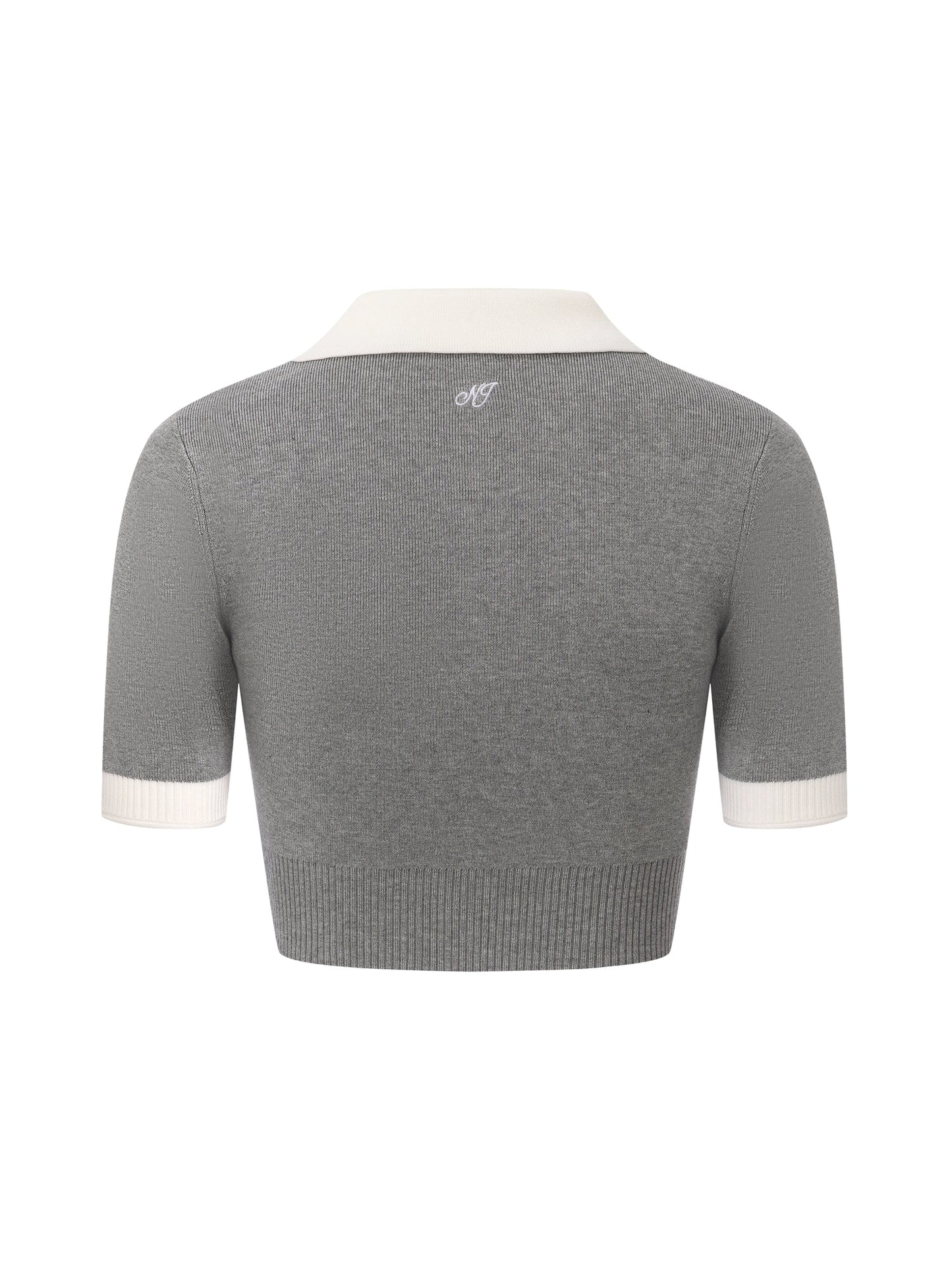 Mia Contrast-Collar Grey Short Sleeve Knit Top