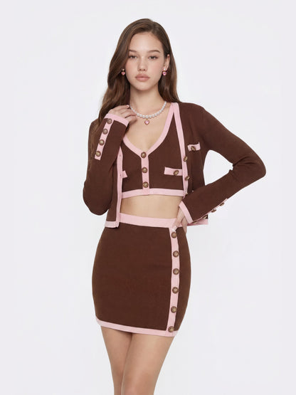 Lisette Contrast-Trim Brown Knit Three-Piece Set