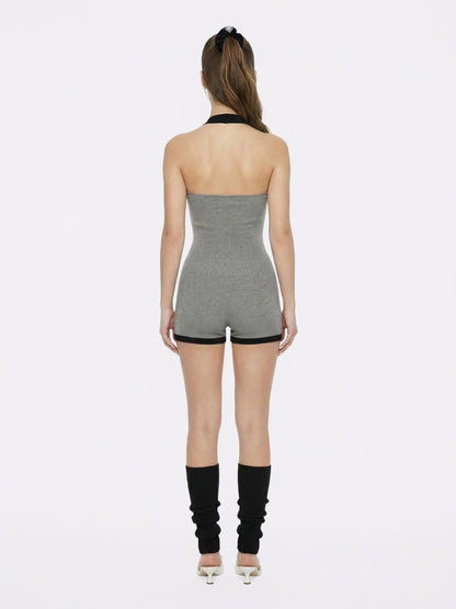 Ava Contrast Halter Knit Grey Romper