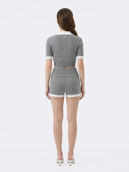 Mia Contrast-Collar Grey Short Sleeve Knit Top
