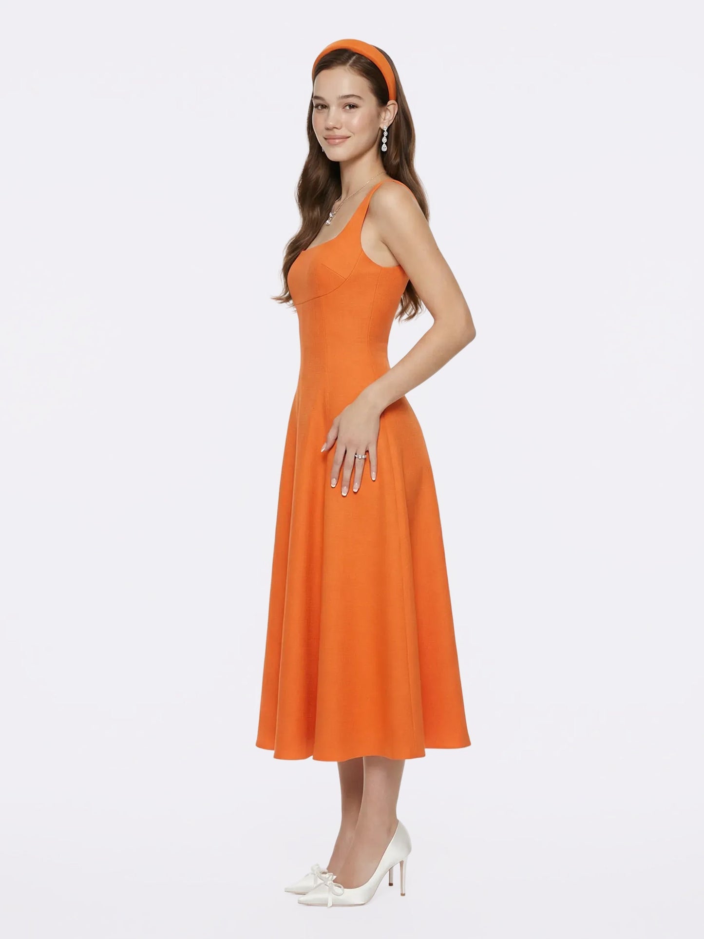 Josephine Square-Neck Orange Midi Dress